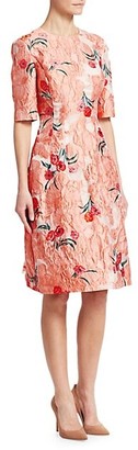 Lela Rose Holly Elbow-Sleeve Floral A-Line Dress