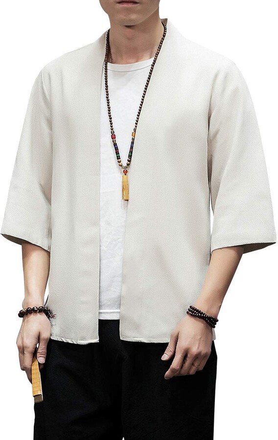PRIJOUHE Men's Lightweight Kimono Jacket Seven Sleeve Open Front Cardigan Coat Japanese Style Bathrobe 
