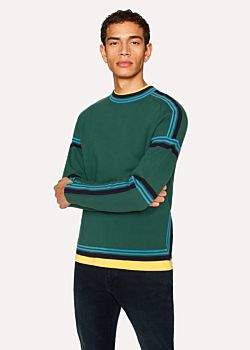Paul Smith Men's Green Cotton Crew Neck Striped Sweater