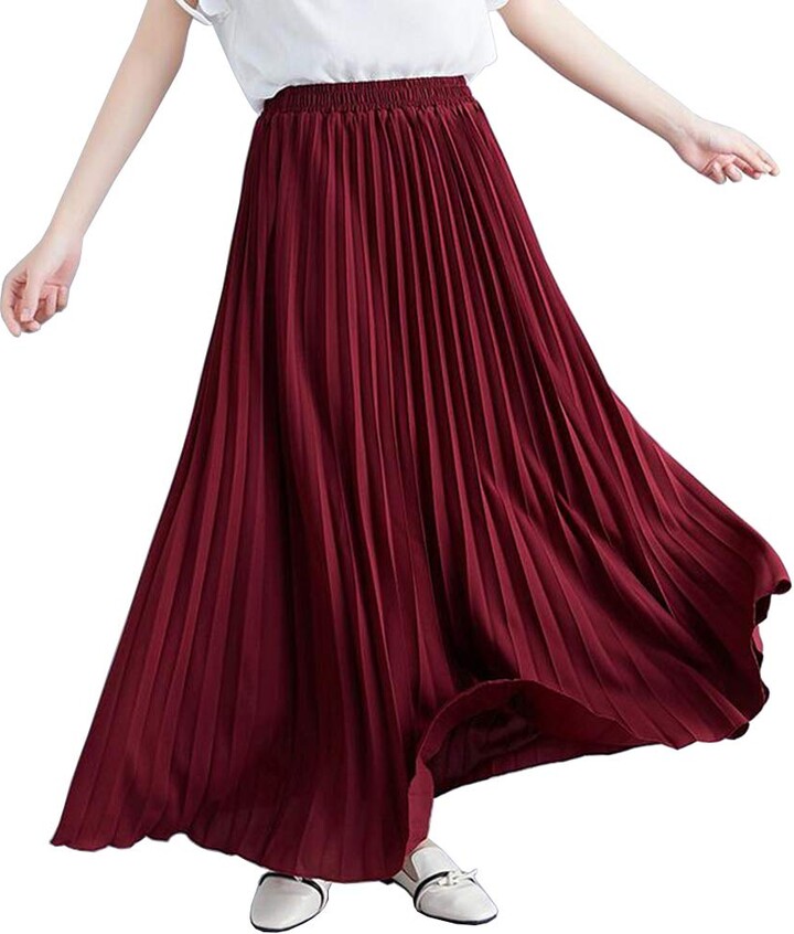 BININBOX Women's Pleated Stretchy High Waist Chiffon Long Skirt Ladies  Casual Solid Beach Maxi Skirts (Wine Red - ShopStyle
