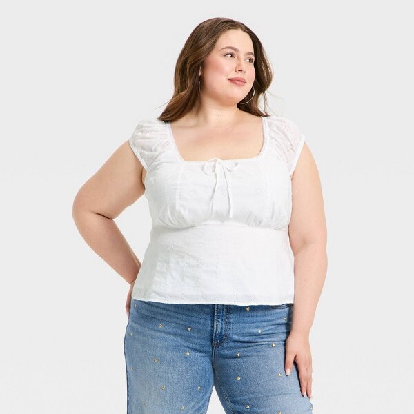 Universal Thread Women'sCapSleeveValentine'sDayPointelleHeartU-NeckPeasantTop-UniversalThread™White1X