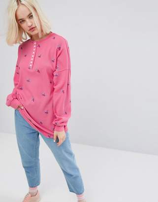 Lazy Oaf Oversized Long Sleeve Button Down T-Shirt In Waffle With Tiny Flowers