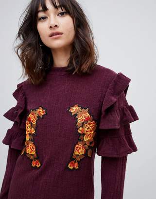UNIQUE21 Unique 21 embroidered ruffle long sleeve knit top