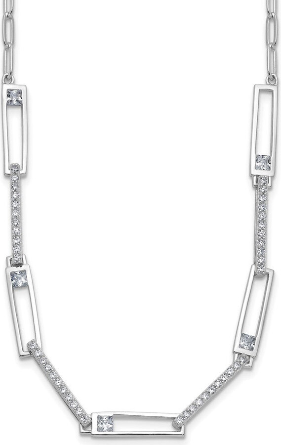Diamond2Deal Sterling Silver Polished Cubic Zirconia Rectangular and Paperclip Link Necklace 18\