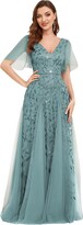 Thumbnail for your product : Ever-Pretty Women's V Neck A Line Empire Waist Embroidery Sequin Tulle Wedding Guest Dresses Navy Blue 14UK