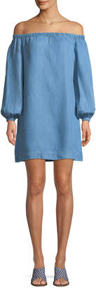 7 For All Mankind Off-the-Shoulder Blouson-Sleeve Chambray Short Dress