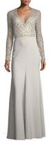 Thumbnail for your product : Jenny Packham V-Neck Long-Sleeve Beaded Top Crepe Skirt Evening Gown