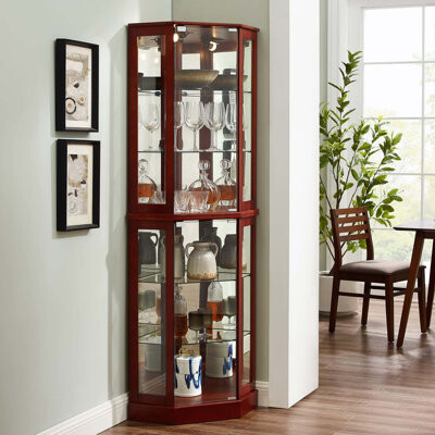 Red Barrel Studio 6 Shelf Corner Curio Display Cabinet with Lights Mirrors and Adjustable Shelves(light bulb not included)