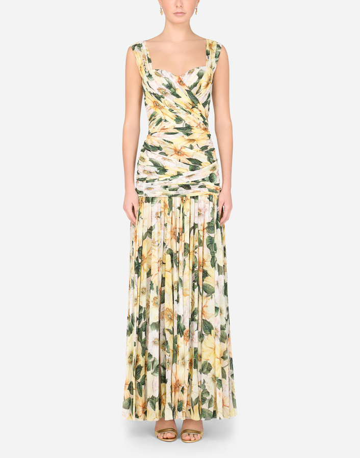 Dolce & Gabbana Long camelliaprint dress with draping