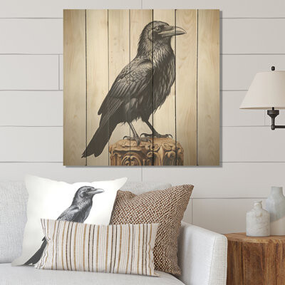 Design Art Mysterious Raven Guardian I - Raven Animal On Wood Print