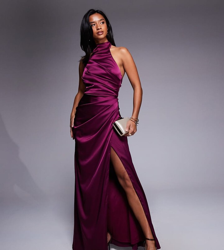 TFNC Petite satin high neck maxi dress in cherry