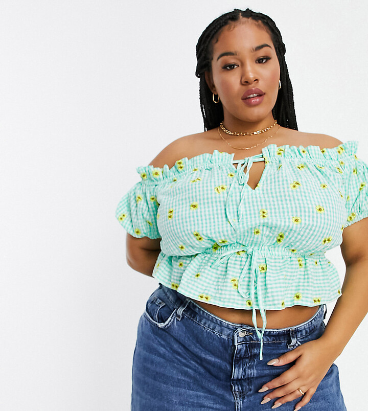 Curve ASOS DESIGN Curve square neck top in green gingham floral embroidered detail - ShopStyle