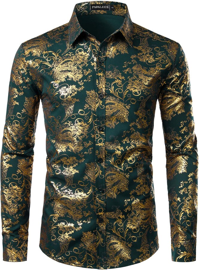 PARKLEES Men's Luxury Paisley Gold Shiny Printed Stylish Slim Fit