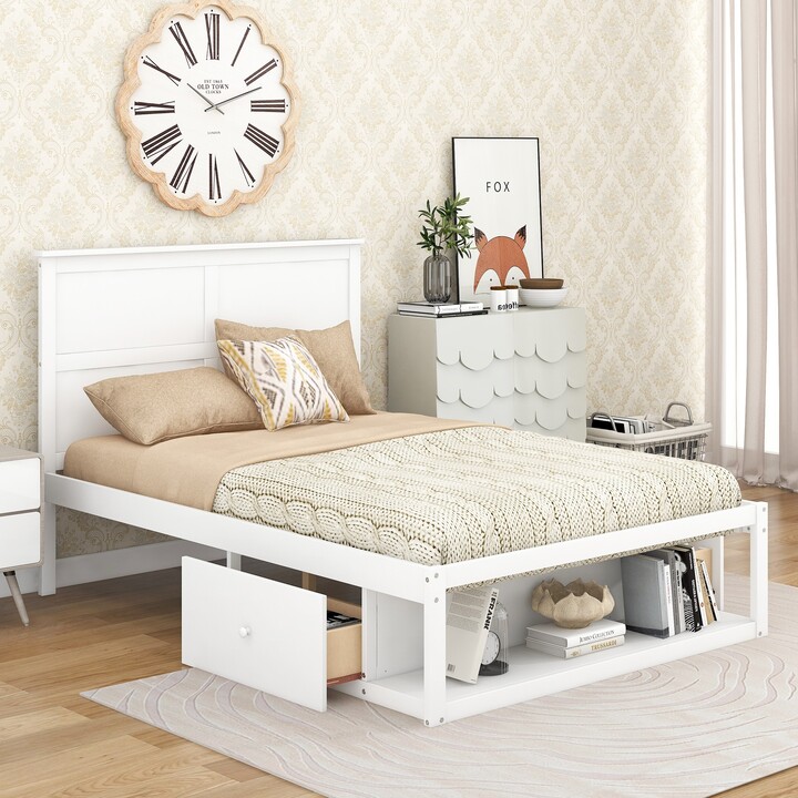Full Size Platform Bed with Drawer and Shelf ShopStyle