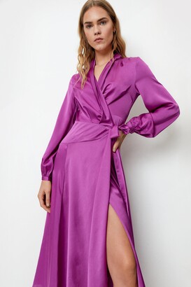 Nasty Gal Womens Satin Wrap Long Sleeve Maxi Dress - Purple - 6 - ShopStyle