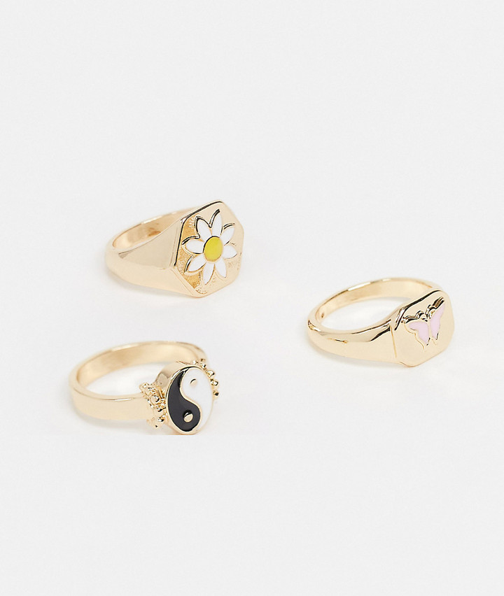 Monki Alba 3 pack motif rings in gold - ShopStyle