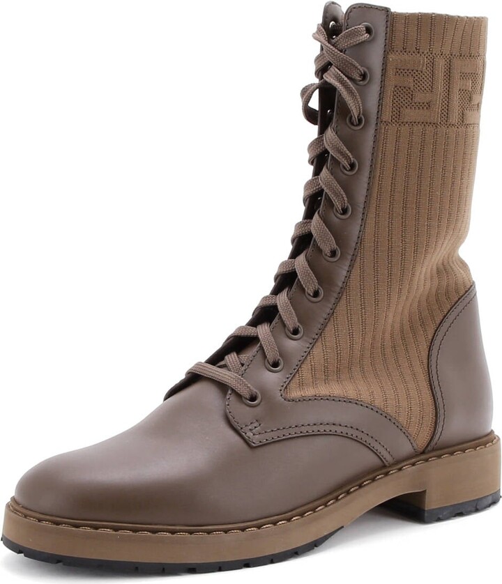Fendi Women's Rockoko Combat Boots Leather with Knit Stretch Fabric and Zucca Trim
