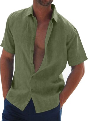 VANVENE Men's Casual Short Sleeve Shirts Cotton Linen Lightweight Banded  Collar Beach Tops M-3XL Green - ShopStyle