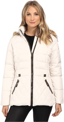 Larry Levine Short Hooded Down with Faux Leather Trim