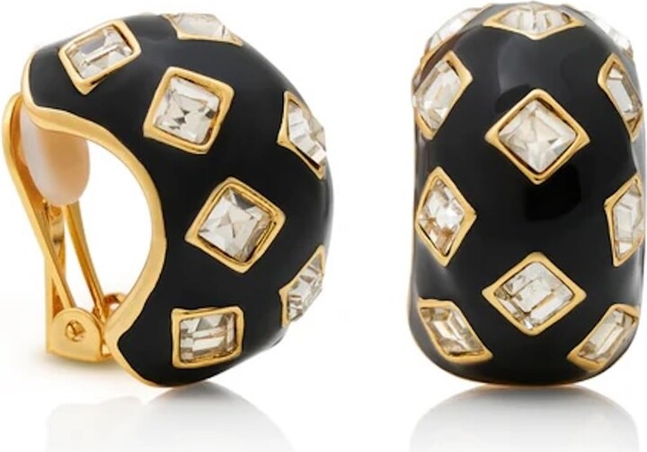 Kenneth Jay Lane Polished Gold and Black Enamel Clip Earrings with Crystal and Pearl Accents (Huggie Hoop)