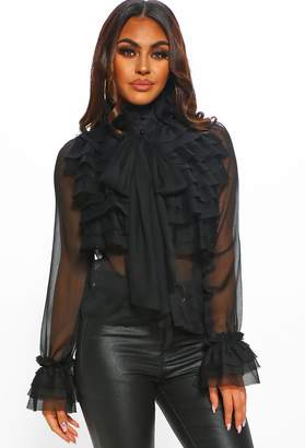 Pink Boutique On Show Black Sheer Pussy Bow Ruffle Blouse