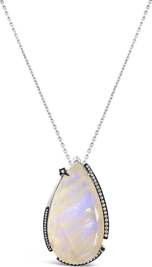 Sally Skoufis White / Black Surrender Necklace With Natural Black Diamond & Moonstone In Platinum