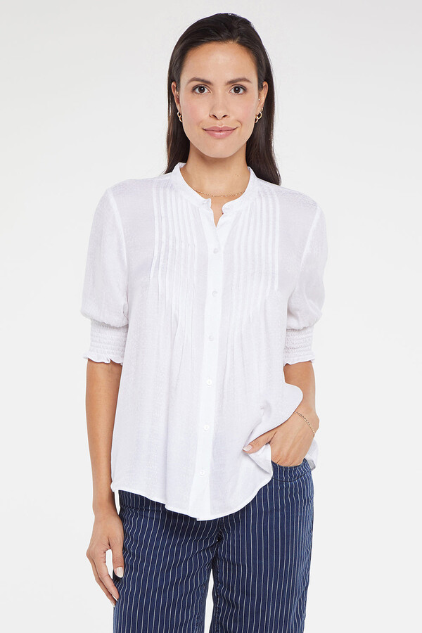 NYDJ Pleated Short Sleeved Blouse in Optic White