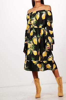 boohoo Womens Philly Lemon Off The Shoulder Ruffle Midi Dress