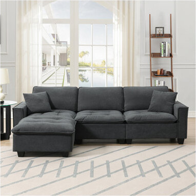100*59" Modern Convertible Sectional Sofa,L-Shaped Reversible Couch Set With Free Pillows,4 Seat Suede Sleeper Sofa With Ottoman For Living Room,Apart