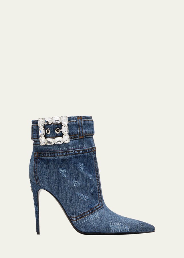 Dolce & Gabbana Denim Crystal-Buckle Stiletto Booties - ShopStyle Boots