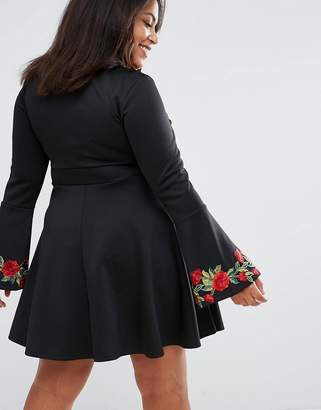 Club L Plus V Plunge Embroidered Skater Dress With Red Floral Trims & Long Sleeve.