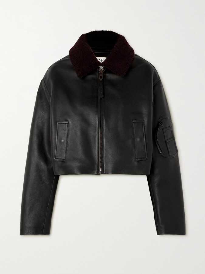 Loewe Cropped Shearling-trimmed Leather Jacket - Black