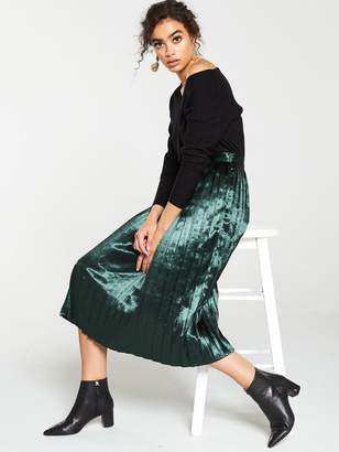 Very Satin Pleated Midi Skirt - Green