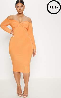 PrettyLittleThing Plus Tangerine Slinky Twist Bardot Midi Dress