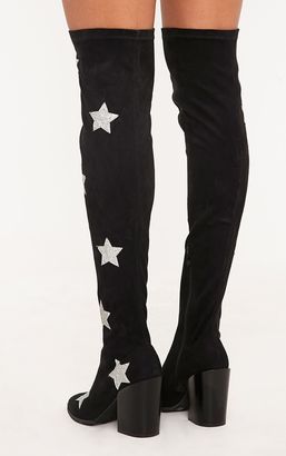 PrettyLittleThing Ayesha Black Faux Suede Star Thigh High Western Boots