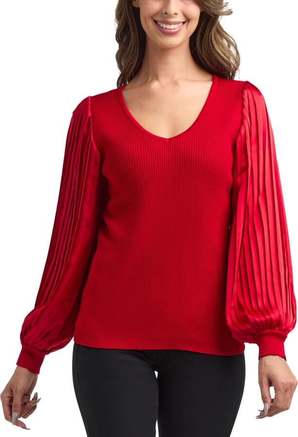 BCX Women's V-Neck Pleated Sleeve Pull-On Sweater
