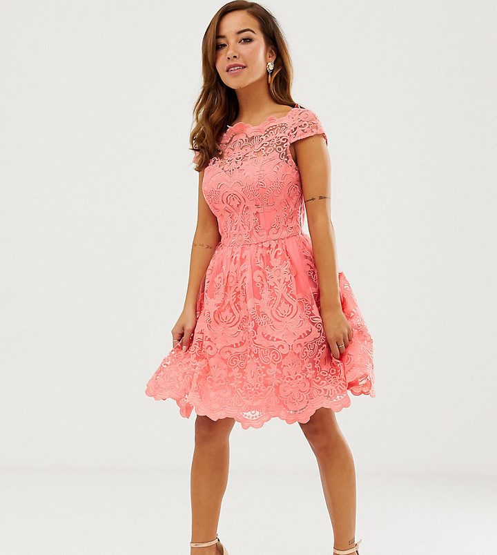 Chi Chi London premium lace mini dress with scalloped neck in coral -  ShopStyle
