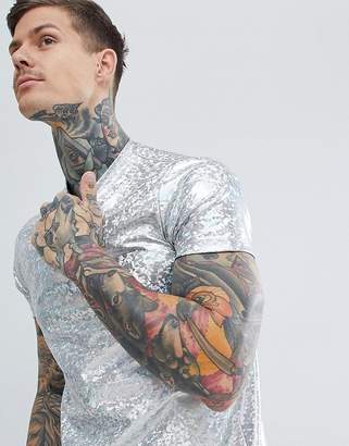 ASOS Design Longline T-Shirt In Holographic Metallic Silver Fabric