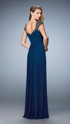 La Femme 22974 Beaded Lace Cap Sleeve Long Gown