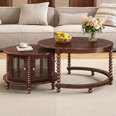 Red Barrel Studio Vintage Round Nesting Coffee TableSix Bamboo-shaped Decorative Glass Doors Retro Beaded Legs31.5\