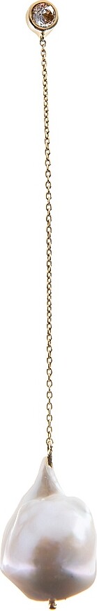 CHARMS COMPANY Women's Bridal 14K Yellow Gold, 30MM Freshwater Pearl & Quartz Single Long Chain Drop Earring - Pearl