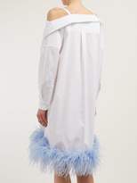 Thumbnail for your product : Prada Feather Trimmed Off The Shoulder Cotton Shirtdress - Womens - White Multi