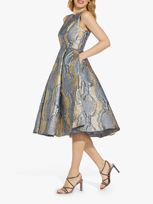 Adrianna Papell Abstract Metallic Fit and Flare Dress, Icy Topaz/Gold