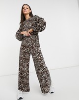 Thumbnail for your product : ASOS DESIGN frill open back long-sleeved plisse tea jumpsuit in leopard print