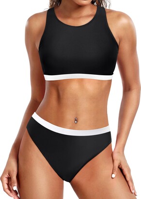 Yonique Sports Swimsuits for Women High Neck Bikini Top Two Piece Bathing  Suits Athletic Bikini Set Black White L - ShopStyle
