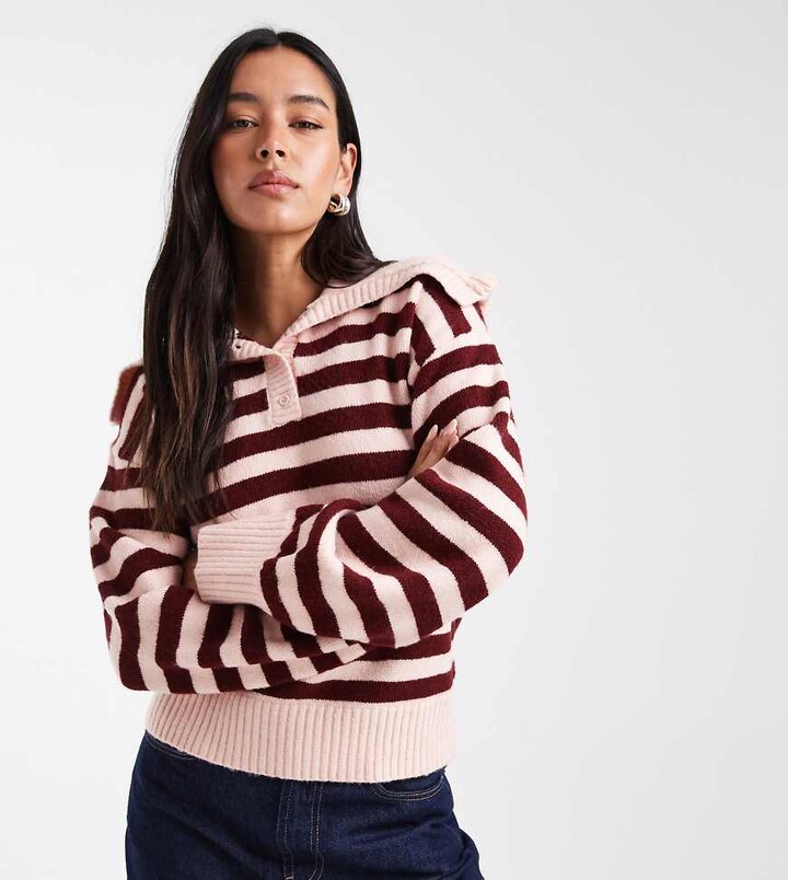 The Frolic exclusive ruffle oversized collar button up sweater in burgundy and pink stripe