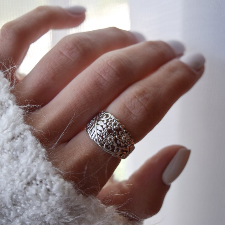 Etsy Floral Statement Ring, Sterling Silver, Flower Silver Boho Ring