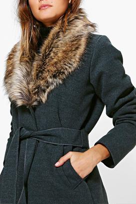 boohoo Abigail Faux Fur Collar Wrap Coat