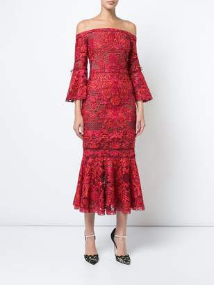 Marchesa Notte embroidered lace off the shoulder dress