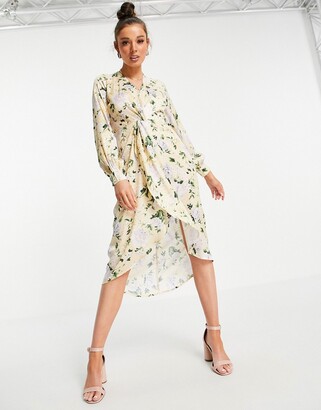 Hope & Ivy long sleeve twist front kimono midi dress in pastel yellow  floral - ShopStyle